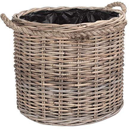 Medium Rope Handled Rattan Round Planter with Plastic Lining