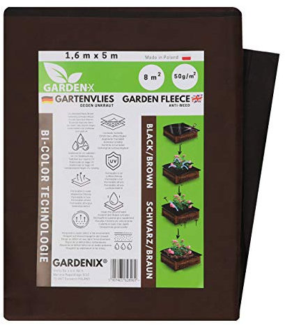 GARDENIX 8m² Gartenvlies Unkrautvlies Braun Wasserdurchlässig 50g/m² -Schwarz Unkraut Folie 1.6m x 5m - Vlies Hochbeet, Unkrautschutzfolie, Flies Gartenflies Gartenfolie Beetfolie Pflanzfolie Mulch