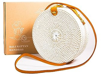 Pro@Home43® Sac en Rattan élégant fabriqué à Bali | Sac de plage rond pour femmes, Sac à bandoulière, Sac d'épaule à la mode | Sac d'été classique en paille livré dans une boîte cadeau