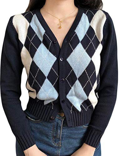 GHBOTTOM Sweater, Jumper, Women Autumn Long Sleeve Knitted Cardigan Preppy Style Vintage Argyle Plaid Sweater, Coat Single Breasted Button Down Slim Crop Top Outwear