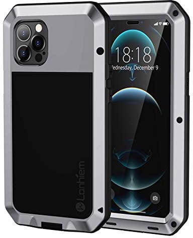 Lanhiem Heavy Duty Shockproof Tough Armour Metal Case for iPhone 12 Pro Max - 360 Full Body Protection With Tempered Glass Screen Film - Silver