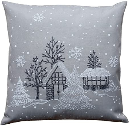 Raebel OHG Kissenbezug, Bestickt, Motiv Winterdorf, Weihnachtsbaum, weiß, 40 x 40 cm, Kissenbezug