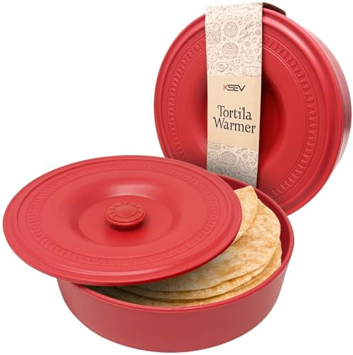 KSEV Tortilla Warmer Insulated Container with Lid (8.5 x 2.5-Inch), BPA FREE Microwave & Dishwasher Safe Tortilla Holder Server Box For Tortilla, Flour Taco, Chapati, Flat Breads (1 Pack - Red)
