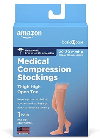 Amazon Basic Care Medical Compression Stockings for Circulation, Varicose Veins, Swelling, Edema, 20-30 mmHg, Women & Men Thigh Length Hose, Open Toe, Breathable, Beige, Medium (Previously NuVein)