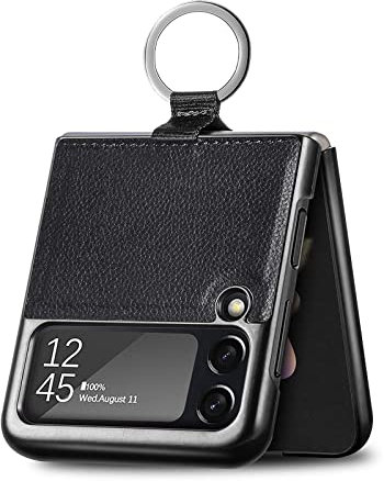 ILING Hülle für Samsung Galaxy Z Flip3 (Z Flip 3) 5G Handyhülle, Ultra Dünn Bumper Lederschale, Samsung Z Flip3 2021 Cover PU Stoßfest Case mit Fingerring (Schwarz)