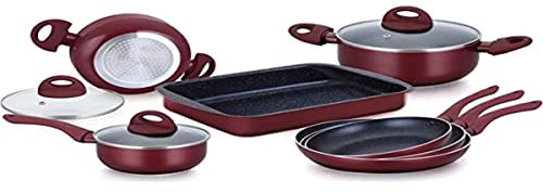 Batterie de cuisine - lot de casserole induction - Set casserole et poele tous feux - Couvercles ventilés en verre - Batterie de cuisine revetement en marbre 10 pieces - Herzberg HG9016-BR