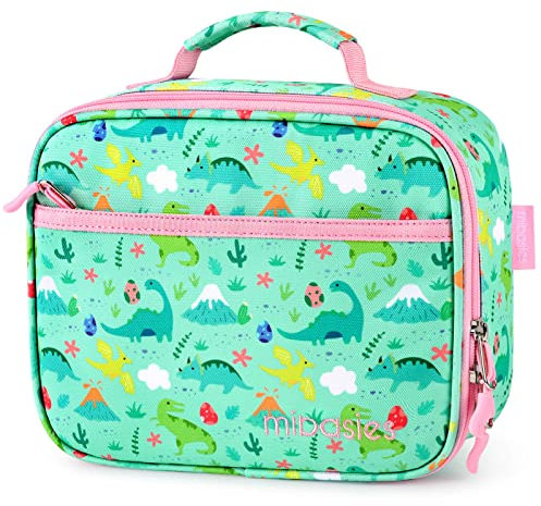 mibasies Lonchera para niñas y niños pequeños, lonchera aislada para viajes escolares, color verde claro con diseño de dinosaurio