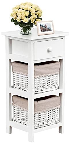 GIANTEX Nachttisch Nachtschrank, Nachtkommode mit Schublade & 2 Körben, Korbkommode Antik, Nachtkonsole Korbregal Massivholz, Beistellschrank Beistelltisch für Schlafzimmer (Weiß)