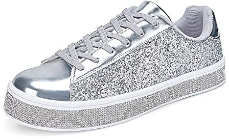 UUBARIS Women's Glitter Tennis Sneakers Neon Dressy Sparkly Sneakers Rhinestone Bling Wedding Bridal Shoes Shiny Sequin Shoes Silver Size 7