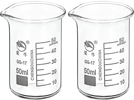 PATIKIL 50ml Tall Form Glass Beaker, 2 Pack 3.3 Borosilicate Glass Graduated Printed Scale Measuring Cups with Spout for Kitchen Lab Liquids Transit Boiling