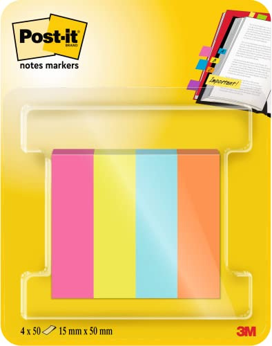 Post-it Notes Marker, 4 Blöcke (200 Blatt), 15 mm x 50 mm, Sortierte Farben | Zum Markieren, Hervorheben und Farbcodieren Wichtiger Informationen; Haftet Sicher, Repositionierbar und Beschreibbar