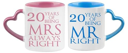 Getagift China Anniversary 20 Years of Being Mr Right & Mrs Always Right Set of 2 Wedding, Valentines Day, Pink and Blue Heart Handle Couple Mug Set. (20 Years)