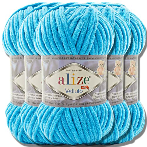 Alize Velluto 5x 100g Türkische Strickwolle super Bulky Wolle zum Häkeln Uni Farbe Babywolle Flauschgarn Filzwolle Kuschelwolle (Ocean | 16)