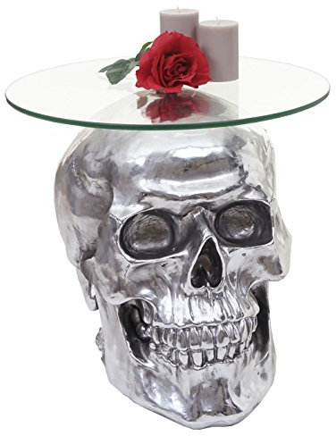 Mendler Beistelltisch Totenkopf HWC-A19AM, Polyresin Glastisch Wohnzimmertisch, Silber 52x55x55cm