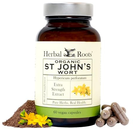 Herbal Roots Organic St Johns Wort Capsules | 450 mg per Serving | No Binders or Fillers Non GMO | 60 Vegan Capsules