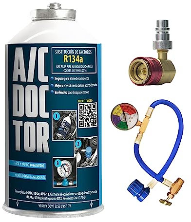 AC DOCTOR Pack 1 Canette Réfrigérant remplace le R134a pour recharge la climatisation voiture 1995-2016 + tuyau avec manomètre + adaptateur HP/LP haut bas