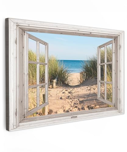 MuchoWow© Bilder Groß 120x80 cm XXL Wohnzimmer Deko Modern Wandbild Foto auf Leinwand Bild Schlafzimmer Room Decor Geschenke Fensterblick - Strand - Meer - Dünen - Sand - Wasser - Dünengras