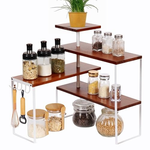 JUJOYBD Eckregal Küche Arbeitsplatte - 4 Etagen Gewürzregal mit Haken - Stehendes Eck-Küchenregal Schreibtisch Organizer für Wohnzimmer, Bad & Büro