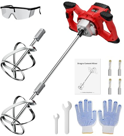 Dragro Electric Cement Mixer, 2100W Handheld Concrete Mixer with 6 Speed,Portable Mortar Mixers for Mixing Mud, Mortar, Plaster,Cement, Paint, Fodder,2 Pieces Mixing Heads
