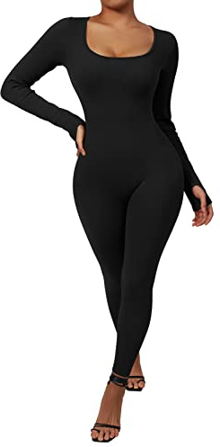 RXRXCOCO Gerippte Langarm Jumpsuits Damen Eng Square Neck Einteiler Bauchweg Sport Yoga Overall Romper Schwarz S