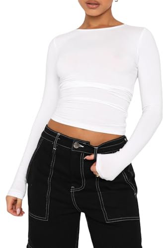 OYIGELZ Long Sleeve Shirt Women's Basic T-Shirt Crop Top Y2K Slim Fit Casual Tee Tops(White-d,S)