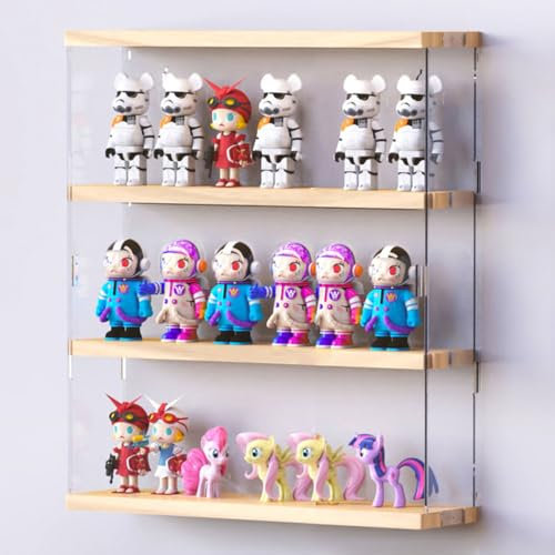 Joodyyoo Vitrine Murale pour Collection, Figurine, Mini Voiture Collection, Objet Manga, 3 étages Acrylique Vitrine avec Couvercle et Base en Bois, Déco Boîte Plexiglas pour Salon