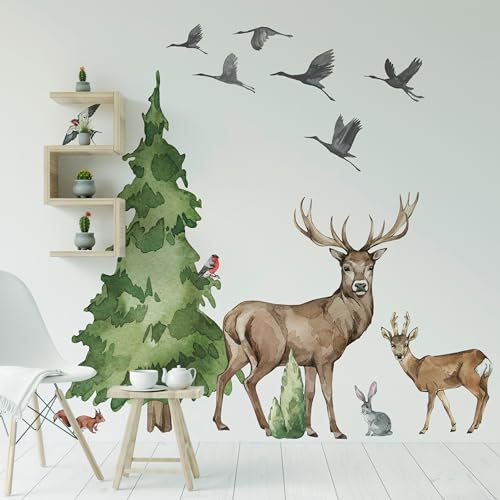 Waldtiere große Wandtattoo, Wandaufkleber Hirsch, wilde Aquarell Tiere - Hirsche, Vögel, Bäume