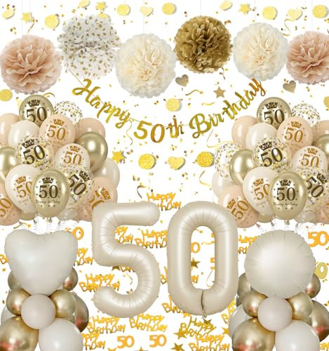 50th Birthday Decorations for Women, Retro Beige Gold Balloons, Happy 50th Birthday Banner, Paper Pom Poms, 50 Confetti, Number 50 Balloons for Party Decoration for Her