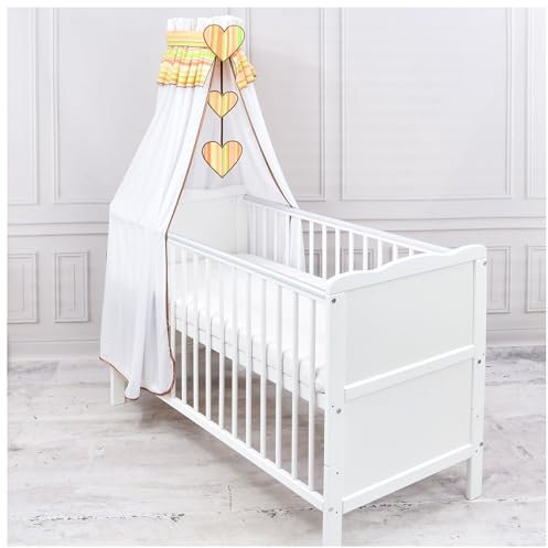 Generisch Baby Delux Babybett Himmel Betthimmel Chiffon Baldachin für Babybett Kinderbett Wiege Stubenwagen Himmelstange Applikationen Herz Deko (Streifen orange, ohne Himmelstange)