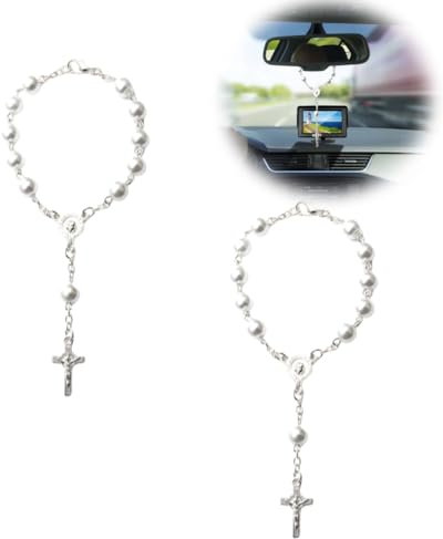 Auto Rosenkranz für Rückspiegel, 2 Stück Autospiegel hängende Kreuz Auto Rosenkranz Frauen Männer Rückspiegel Anhänger Auto hängende Zubehör für Spiegel Innenraum Dekore (weiß)