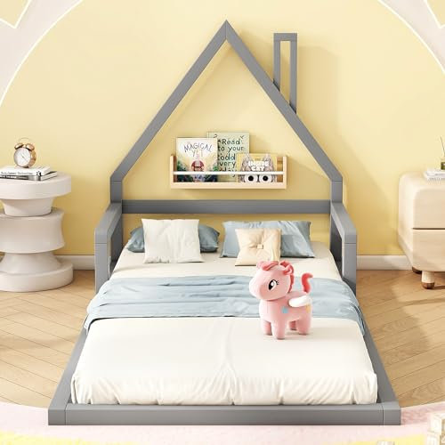 MQLAE Hausbett Bodenbett 90x200, Babybett Kinderbett Rausfallschutz, Bettenhaus aus massivem Kiefernholz, Bett für Jungen und Mädchen, kinderzimmer deko, Kinder Bett Grau