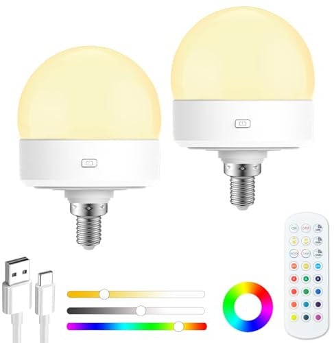 USB Rechargeable Light Bulb with Remote Control Timer and 3 Color Temperatures, 5W Dimmable Battery Powered Light Bulbs, Detachable Charging LED Bulb for Non Hardwired Lamps, Wall Sconce,Hom