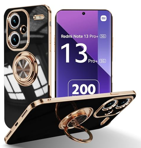 HeeYeal Hülle für Xiaomi Redmi Note 13 Pro+ 5G/Note 13 Pro Plus 5G, Galvanik Mit 360 ° Verdrehbare Ring, Silikon TPU kameraschutz Handyhülle, für Magnetischen Autohalterungen Schutzhülle - Schwarz