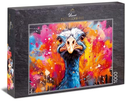 Ulmer Puzzleschmiede - Lustiges Tierpuzzle Vogelwild - Vogel Strauß Puzzle mit 1000 Teilen - grimmiger Straussenvogel vor Farbexplosion - Puzzle-Qualität Made in Germany