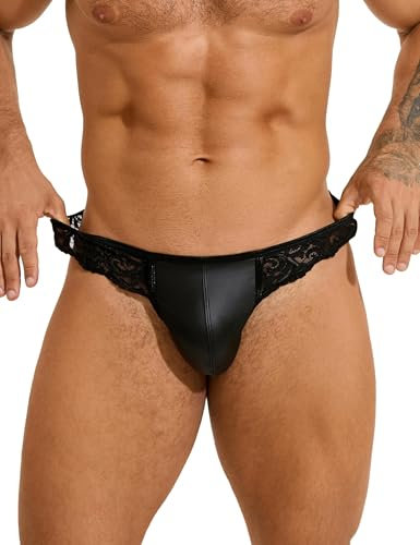 ohyeahlady String Simili Cuir Homme Chic Hot Ficelle Tanga Dentelle Court Ouverte Grande Taille Slip Chic Lingerie Homme Mini String sous-vêtementsT-Back G-String Thong(XXL,Noir)