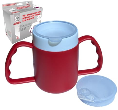 DR. BONE'S THERAPEUTICS ® Two Handled Mug with Internal Cone Blue with Spouted Lid with Small Opening, Drinking aid 140 ml (Red 2 Lids)