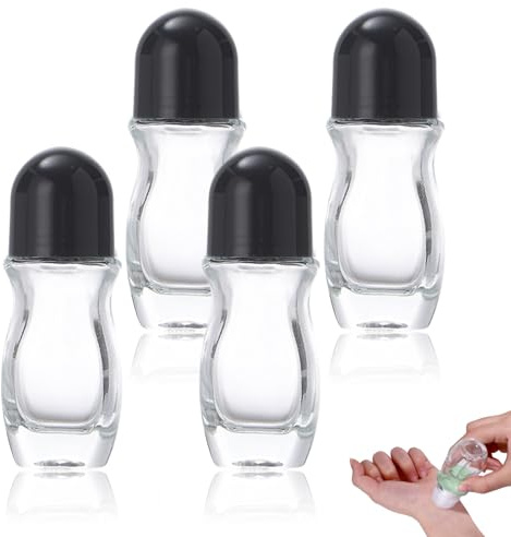 Huakaile 4 Stück 50ML Leere Glas-Rollflaschen Auslaufsichere Roll On Flaschen mit Rollball, Nachfüllbare Roller Ball Applikator Behälter mit schwarzem Deckel für Massageöle