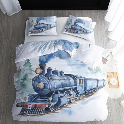 zcwl Jungen Zug Bettwäsche 135x200 Sommer, Vintage Dampflok Bettbezug Set 2 teilig, Weiche Kuschelige Mikrofaser Bettwäsche-Sets, Wendebettwäsche und 1 Kissenbezug 80x80 mit Reißverschluss