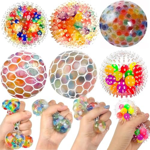 Stressball Squeeze, 6 Stück Regenbogen Squeeze Bälle, Stressball Kinder,Mesh Stressbälle, Bunte Anti Stress Squeeze Traubenbälle für Kinder aus, Quetschball Spielzeug gegen Angst und ADHS
