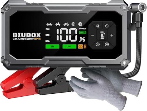 Car Jump Starter Power Pack with Air Compressor, BiuBox 8500A 150PSI Portable Car Battery Booster Jump Starter Power Bank with Jump Leads, LED Display, 10 Protections, 500lm Light (All Gas/9L Diesel)