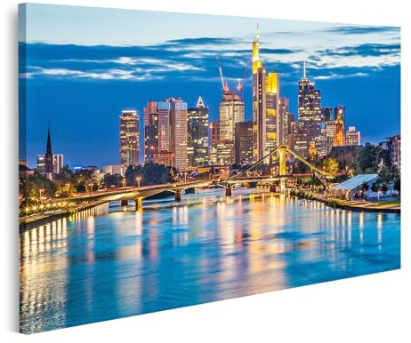 islandburner Bild auf Leinwand Frankfurt am Abend mit beleuchteter Skyline und Flussufer Bilder Wandbilder Poster