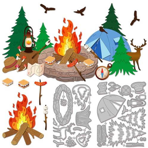 GLOBLELAND Camping Lagerfeuer Grill Stanzformen Für DIY Scrapbooking Metall Baum Vogel Hirsch Stanzformen Lampe Stanzungen Für Kartenherstellung Prägung Fotoalbum Basteldekor