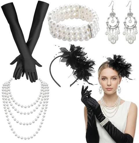 1920er Jahre Kostüm Damen Gatsby Accessoires Damen Casino Outfit 20er Jahre Accessoires Great Gatsby Thema Party Zubehör Mit Haarbänder Handschuhe Ohrringe Halsketten Elegant Party Abschlussball