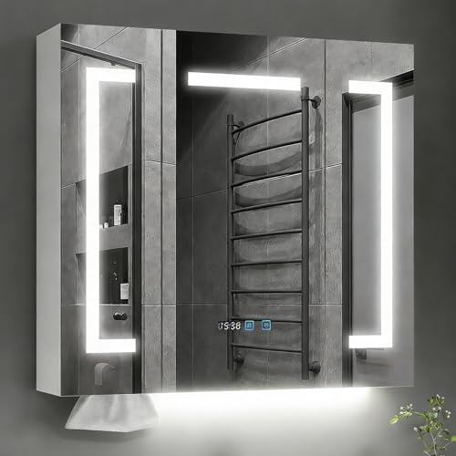 ARTETHYS Bathroom Mirror Cabinets, 70x75cm Bathroom Wall Cabinets with 3 Color LED Lights, Charging Station, Mirrored Bathroom Cabinet with 3 Doors, Demister, Shaver Socket, Adjustable Shelves