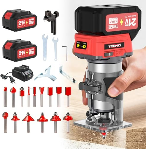 Fresatrice legno senza fili 20V, fresatrice palmare con 2 batterie da 4,0 Ah e motore senza spazzole, 6 velocità variabili fino a 35000 giri/min, inclusi guida per bordi, guida a rullo, copertura anti