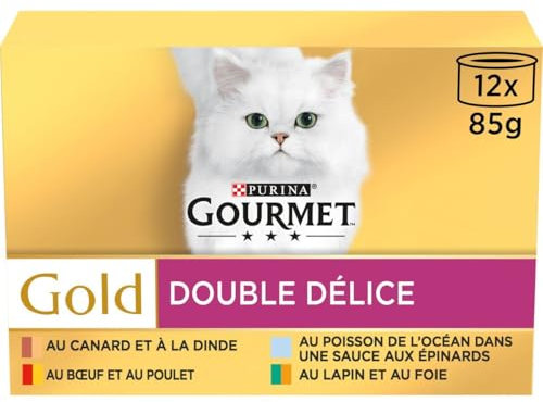 Gourmet Gold Double Délice Bœuf-Poulet, Lapin-Foie, Poisson de l'Océan Sauce aux Epinards, Canard-Dinde, 12 x 85g x 8 lot