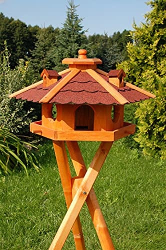 Vogelhaus Futterhaus Futterhäuschen Vogelvilla V12, Vogelfutterhaus aus Holz mit Solarbeleuchtung beleuchtet mit und ohne Ständer (Rot, mit Ständer)