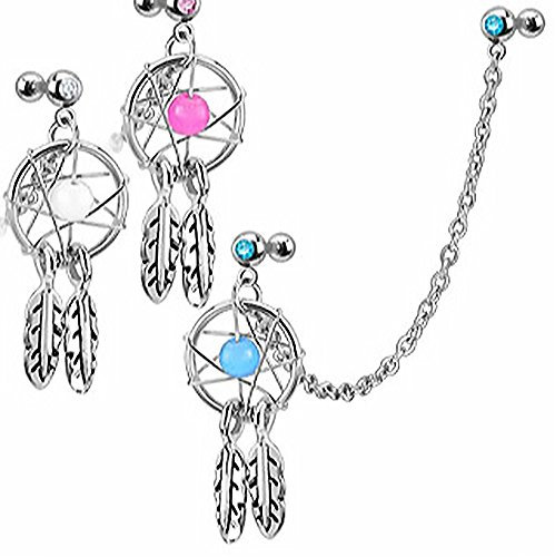 Autiga Traumfänger Ohr Piercing Stecker mit Kette Tragus Helix Cartilage Dream Catcher Feder klar