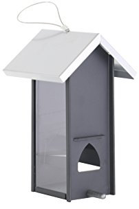 Xclou Vogelfutterstation in Silber/Anthrazit, eckiger Futterspender, Futtersäule aus Metall und Kunststoff mit 4 Futteröffnungen, Vogelfutterhaus zum Hängen
