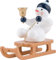 KDE Ellmann Schneemann mit Glocke auf Schlitten sitzend - 6,5 cm - grüne Flügel - Weihnachtsengel Erzgebirge